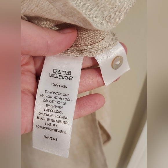 Tahari Women's 100% Linen Tunic Top Size M Khaki Roll Tab Minimalist Scandi Chic - Picture 3 of 9